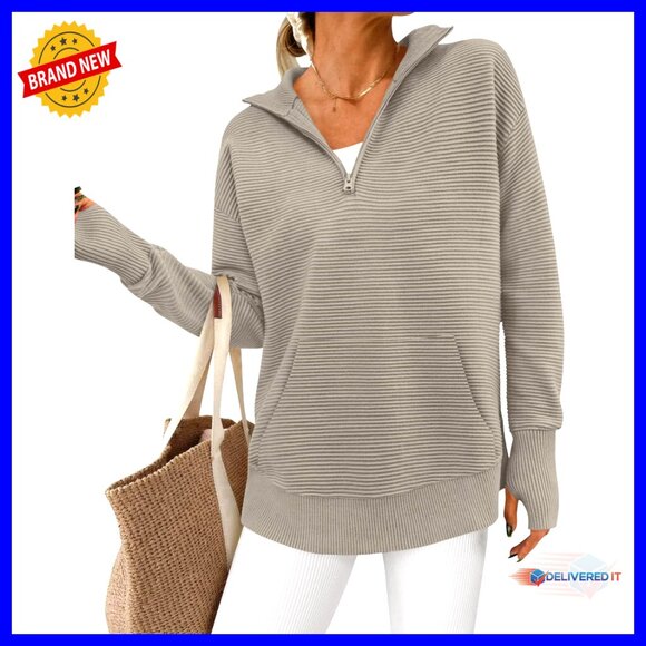 Sweaters - Quarter Zip Pullover Sweater Oversized Loose Fit Rib Knit Chic Casual Winter
